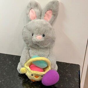 Gund 13” Gray Bunny with yellow chick colorful eggs plush